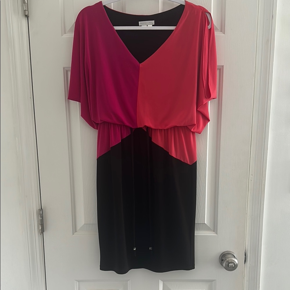 London Times V-Neck Dress in Pink and Black
